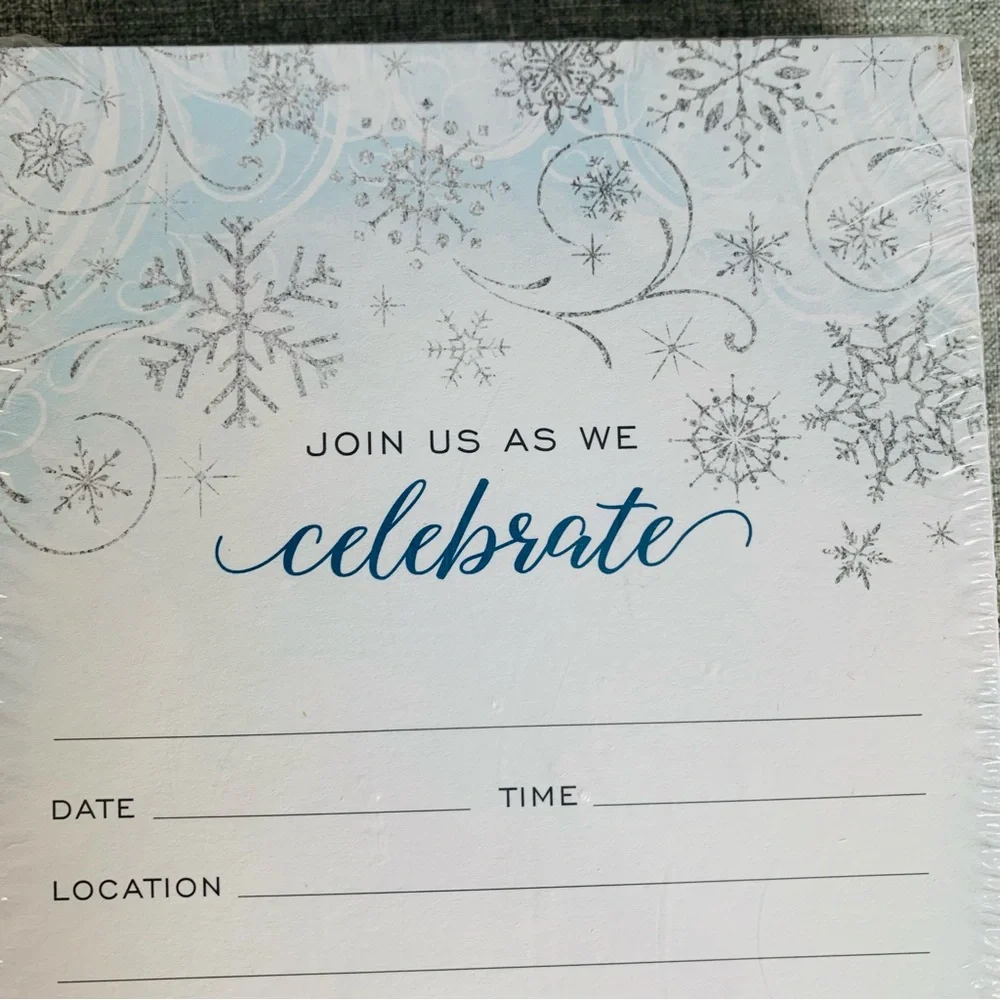 NEW PACK Invitations & Envelopes Winter Snowflake Silver Blue White Party Shower
